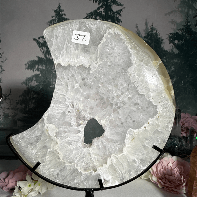 Large druzy agate moon on custom stand