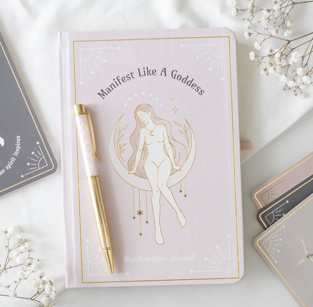 Manifest like a goddess note book with rose quartz chips pen