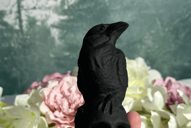 Raven on skull carving
