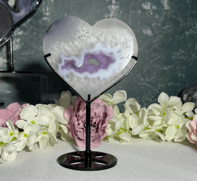 Amethyst agate heart on custom stand
