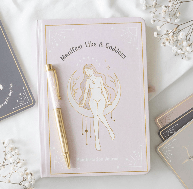 Manifest like a goddess note book with rose quartz chips pen